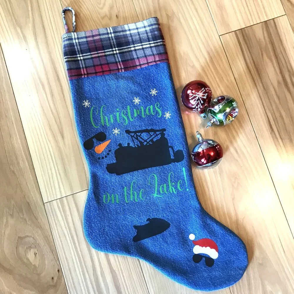 Denim Christmas Stocking, Lake House Fishing Decor Pontoon Boat Jet Ski Graphic